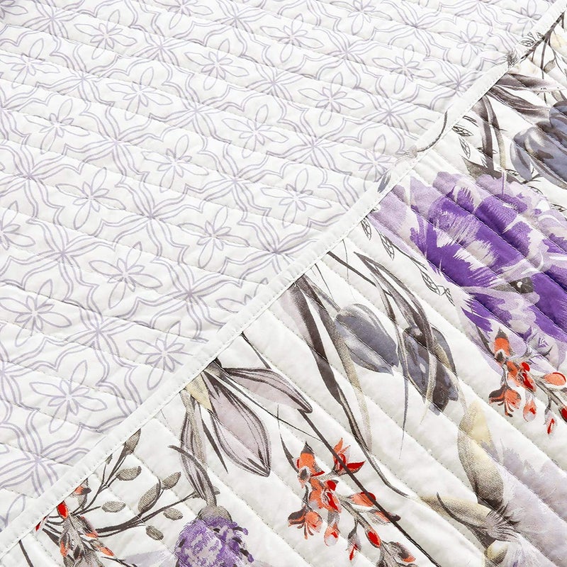Lush Decor Adalia Reversible Cotton Quilt Queen Size 3 Piece Set Full/Queen Purple & Gray - Floral Bedding Set Queen Quilt - Purple Quilts - Image 3